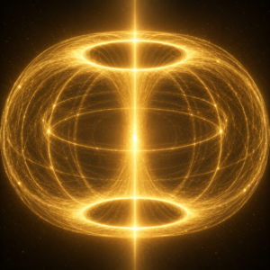 Golden toroidal energy field with a central vertical axis.